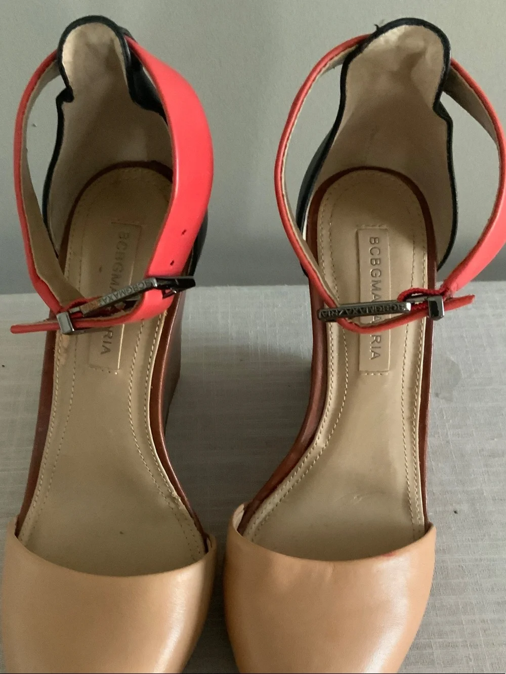 BCBGMaxAzria Coral and Tan Platform Ankle-Strap Heels